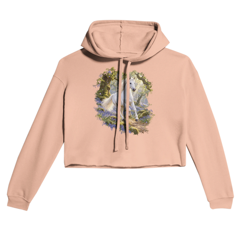 Weißes Pferd im Glockenblumenwald – Cropped Hoodie