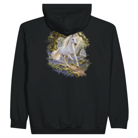 Weißes Pferd im Glockenblumenwald – Zip-Hoodie mit Rückendruck