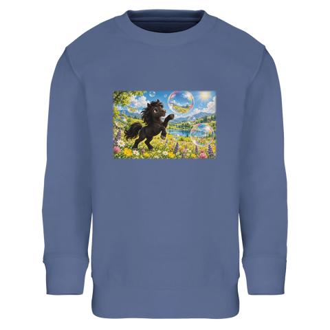 Schwarzes Pony mit Seifenblasen – Kinder-Pullover
