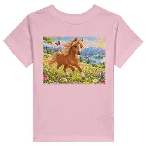 Pony in der Blumenwiese – Kleinkind-T-Shirt