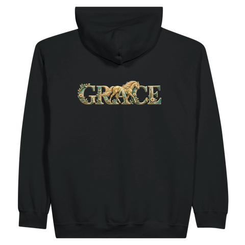 Grace – Goldenes Pferd in Türkis – Zip-Hoodie mit Rückendruck