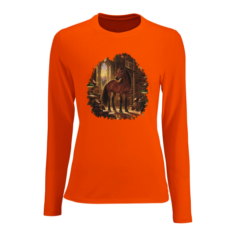 Braunes Pferd in der magischen Bibliothek – Damen-Langarmshirt