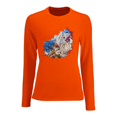 Weißes Pferd auf der griechischen Insel – Damen-Langarmshirt