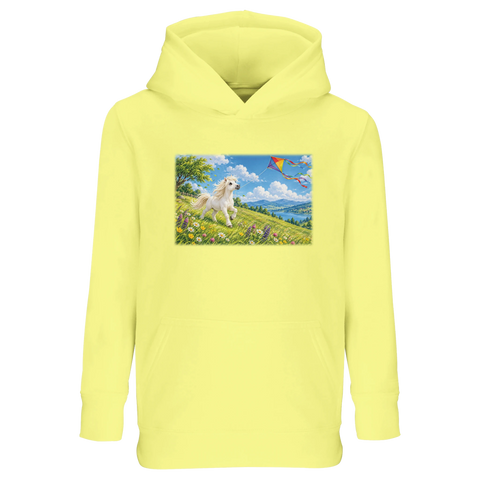 Pony mit Drachen auf der Windwiese – Kinder-Hoodie