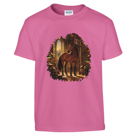 Braunes Pferd in der magischen Bibliothek – Kinder-T-Shirt