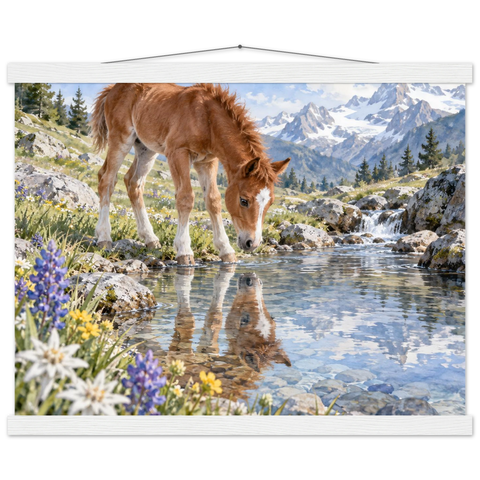 Fohlen am Bergbach – Poster mit Leisten 40×50 cm