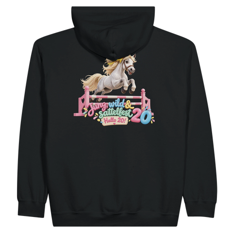 Jung, wild und sattelfest! – Zip-Hoodie mit Rückendruck