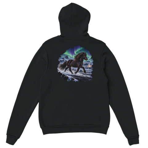 Islandpferd unter Polarlicht – Hoodie mit Rückendruck