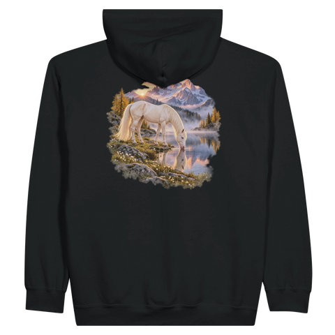 Cremello am Alpensee im Morgengrauen – Zip-Hoodie mit Rückendruck