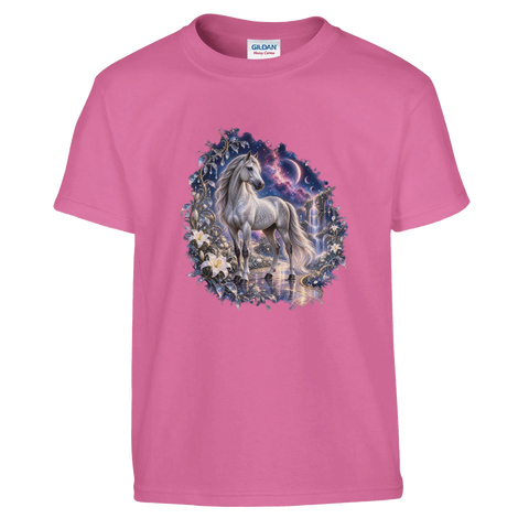 Silberpferd im kosmischen Liliengarten – Kinder-T-Shirt