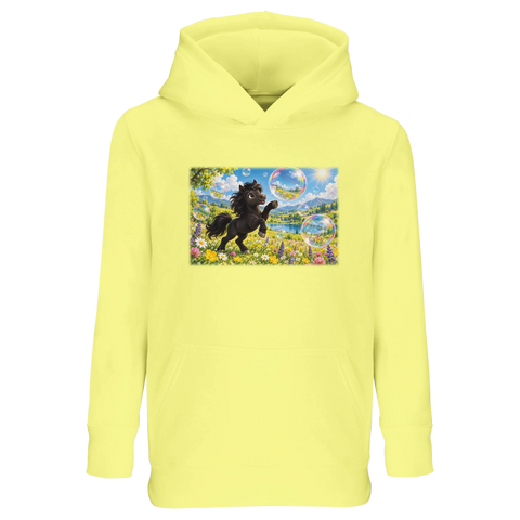 Schwarzes Pony mit Seifenblasen – Kinder-Hoodie