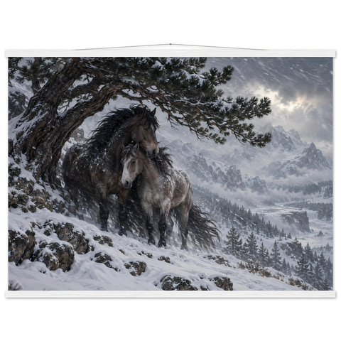 Zwei Pferde im Schneesturm – Poster mit Leisten 75×100 cm