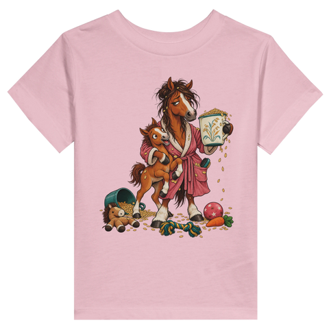 Müde Stute mit Fohlen beim Frühstück – Kleinkind-T-Shirt
