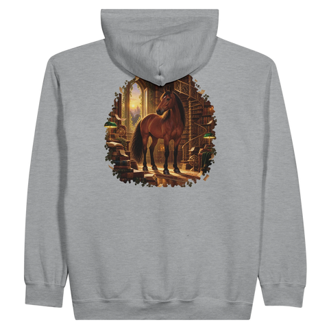 Braunes Pferd in der magischen Bibliothek – Zip-Hoodie mit Rückendruck
