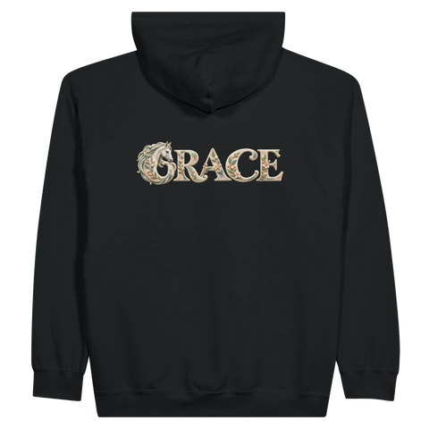Grace – Schimmel in der Blütenschrift – Zip-Hoodie mit Rückendruck