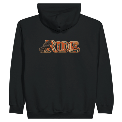 Ride – Friese im Retro-Orange – Zip-Hoodie mit Rückendruck
