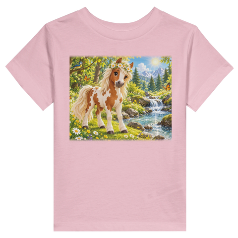Pony mit Gänseblümchenkranz am Bach – Kleinkind-T-Shirt
