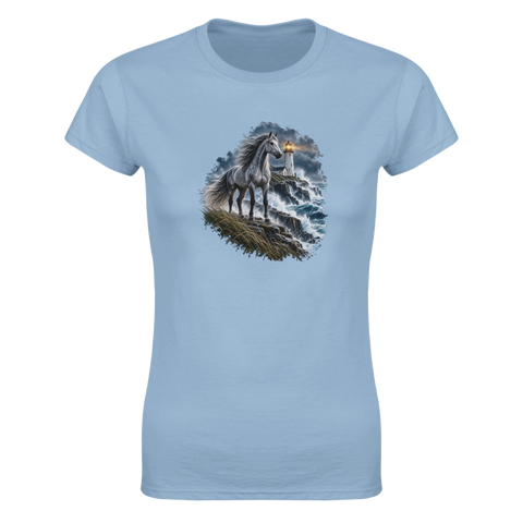 Grauschimmel am Leuchtturm im Sturm – Damen-T-Shirt