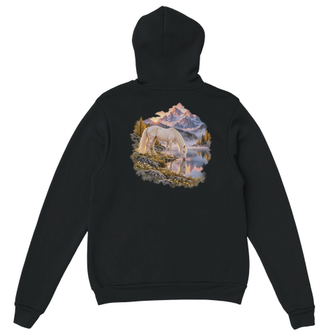 Cremello am Alpensee im Morgengrauen – Hoodie mit Rückendruck