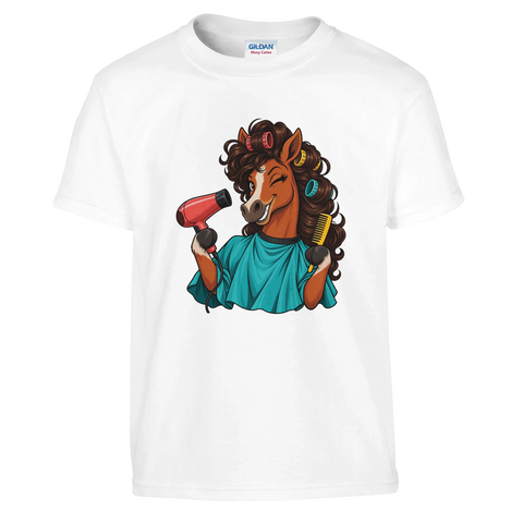 Friseur-Pferd mit Föhn – Kinder-T-Shirt