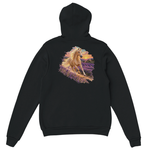 Palomino im Lavendelabend – Hoodie mit Rückendruck