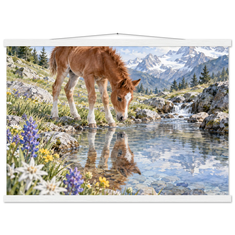 Fohlen am Bergbach – Poster mit Leisten 50×70 cm