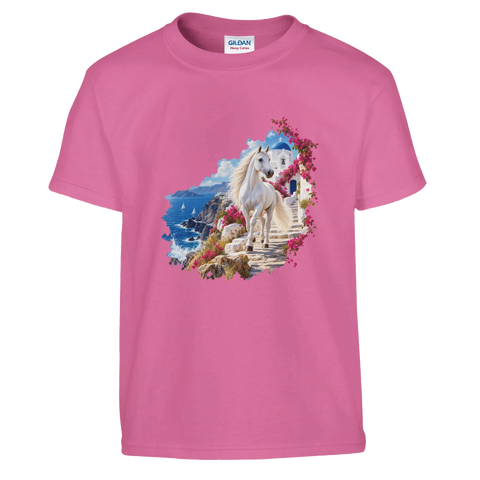 Weißes Pferd auf der griechischen Insel – Kinder-T-Shirt