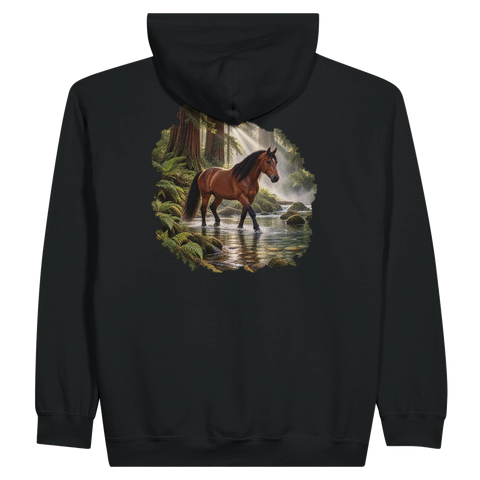 Braunes Pferd im Mammutbaumwald – Zip-Hoodie mit Rückendruck