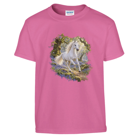 Weißes Pferd im Glockenblumenwald – Kinder-T-Shirt