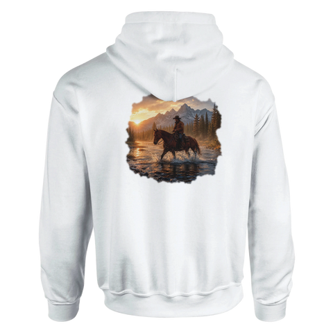 Durch den Fluss vor den Bergen – Hoodie mit Rückendruck