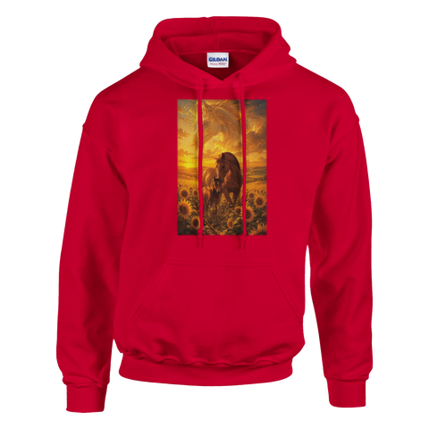 Mutter und Fohlen im Sonnenblumenfeld – Hoodie