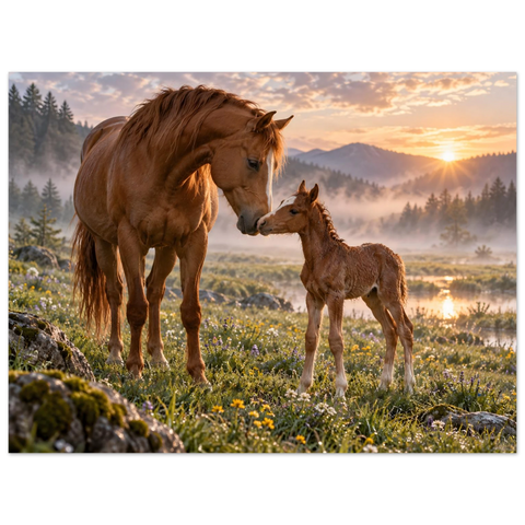 Stute und Fohlen im Morgennebel – Kunstdruck 75×100 cm