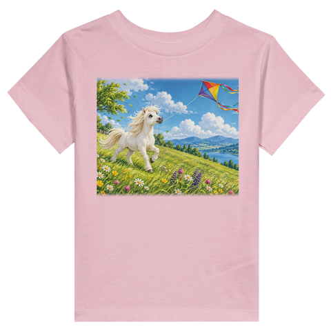Pony mit Drachen auf der Windwiese – Kleinkind-T-Shirt
