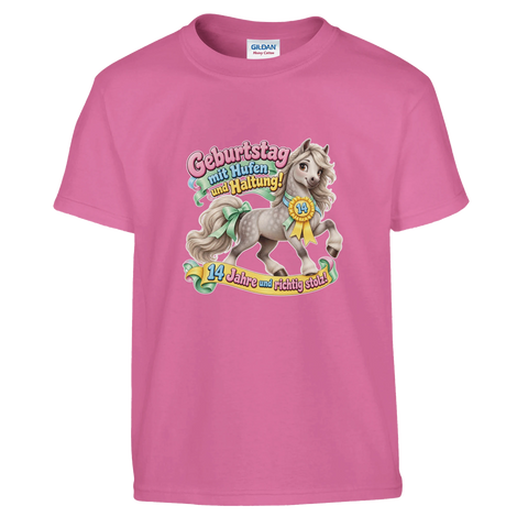 Geburtstag mit Hufen und Haltung! (14 Jahre) – Kinder-T-Shirt
