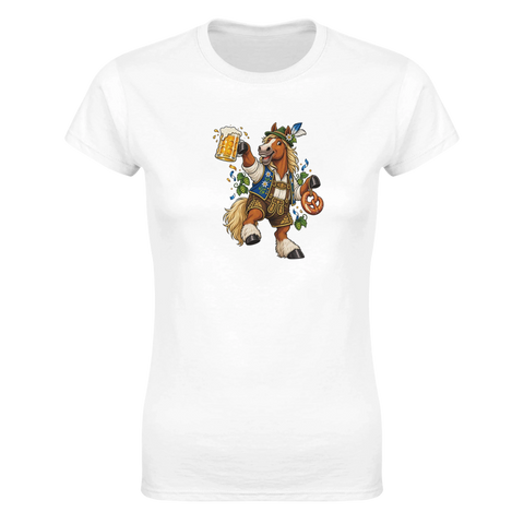 Oktoberfest-Pferd mit Bier und Brezel – Damen-T-Shirt