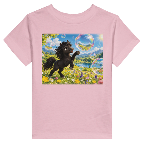 Schwarzes Pony mit Seifenblasen – Kleinkind-T-Shirt