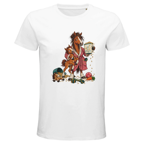 Müde Stute mit Fohlen beim Frühstück – Bio-T-Shirt Herren