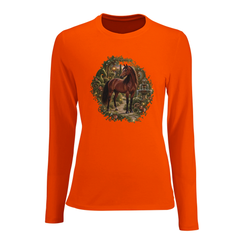 Braunes Pferd im Uhrwerkgarten – Damen-Langarmshirt