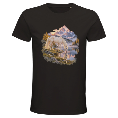 Cremello am Alpensee im Morgengrauen – Bio-T-Shirt Herren