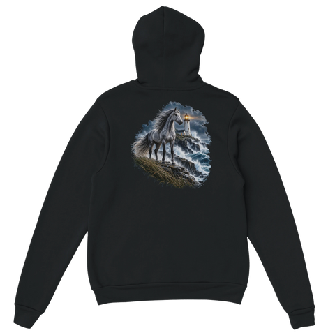Grauschimmel am Leuchtturm im Sturm – Hoodie mit Rückendruck