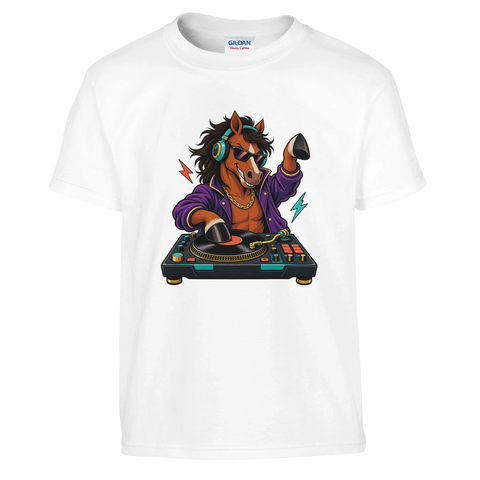 DJ-Pferd am Plattenspieler – Kinder-T-Shirt