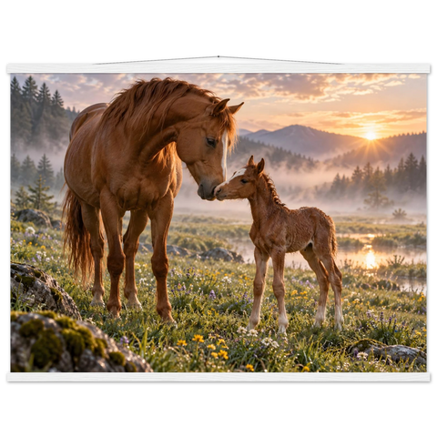 Stute und Fohlen im Morgennebel – Poster mit Leisten 75×100 cm