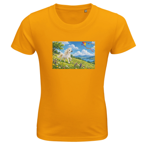 Pony mit Drachen auf der Windwiese – Kinder-T-Shirt Bio