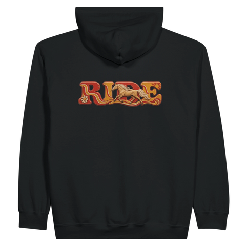 Ride – Palomino im Retro-Rot – Zip-Hoodie mit Rückendruck