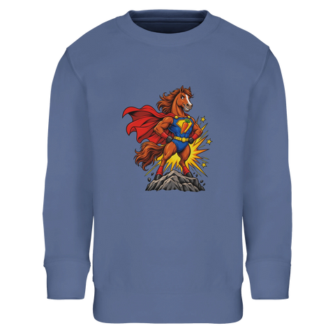 Superhelden-Pferd mit Möhren-Emblem – Kinder-Pullover