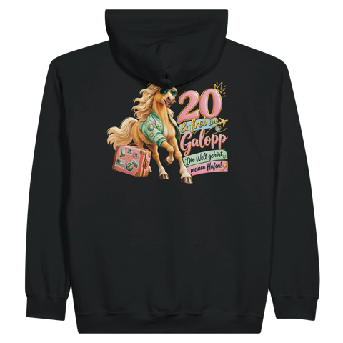 20 und frei im Galopp! – Zip-Hoodie mit Rückendruck