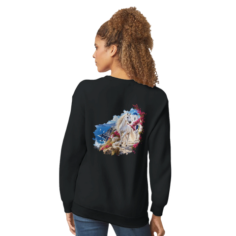 Weißes Pferd auf der griechischen Insel – Pullover mit Rückendruck