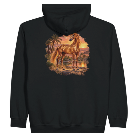 Akhal-Teke an der Wüstenoase – Zip-Hoodie mit Rückendruck