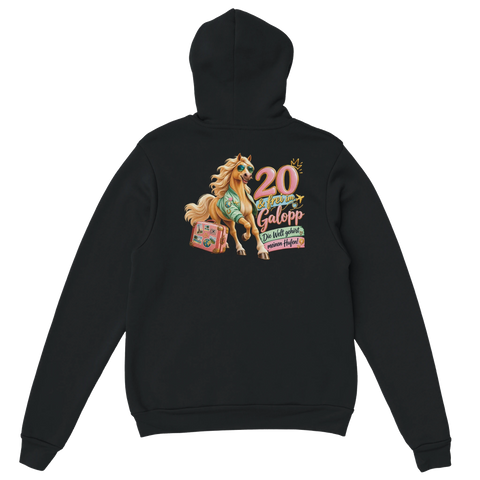 20 und frei im Galopp! – Hoodie mit Rückendruck