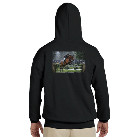 Sprung im Regen – Hoodie mit Rückendruck